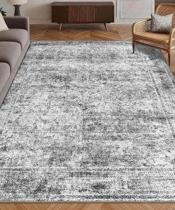 Washable Area Rug 5' x 7' Vintage Traditional Persian Mat - Foldable Distressed Non-Slip Machine Washable Carpet for Living Room Bedroom Kitchen Home Decor - Graphite and Mist
