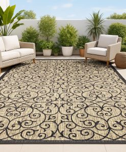 JONATHAN Y Vintage Filigree Indoor Outdoor Area Rug 8X10 Black/Khaki. Madrid Textured Weave for Backyard. Patio. Porch. Easy-Cleaning. High Traffic. Pet-Friendly. Non-Shedding (SMB107A-8)